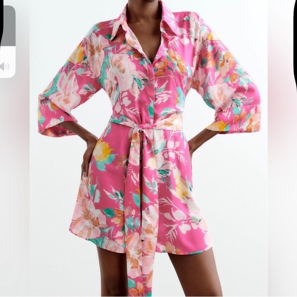 Zara Vibrant Satin Floral Women's collared button down shirt dress Large - Picture 15 of 15